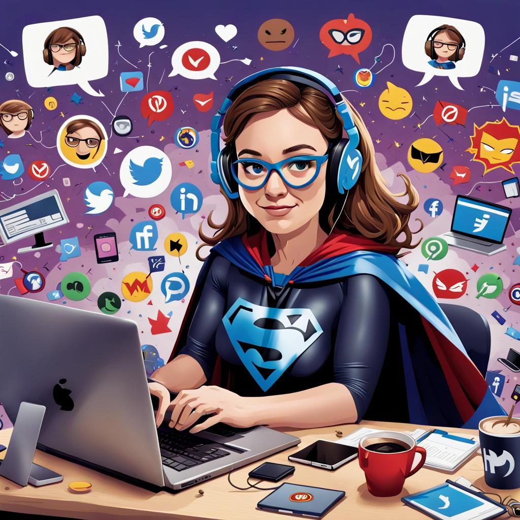 Humorous Superhero Social Media Controller Illustration