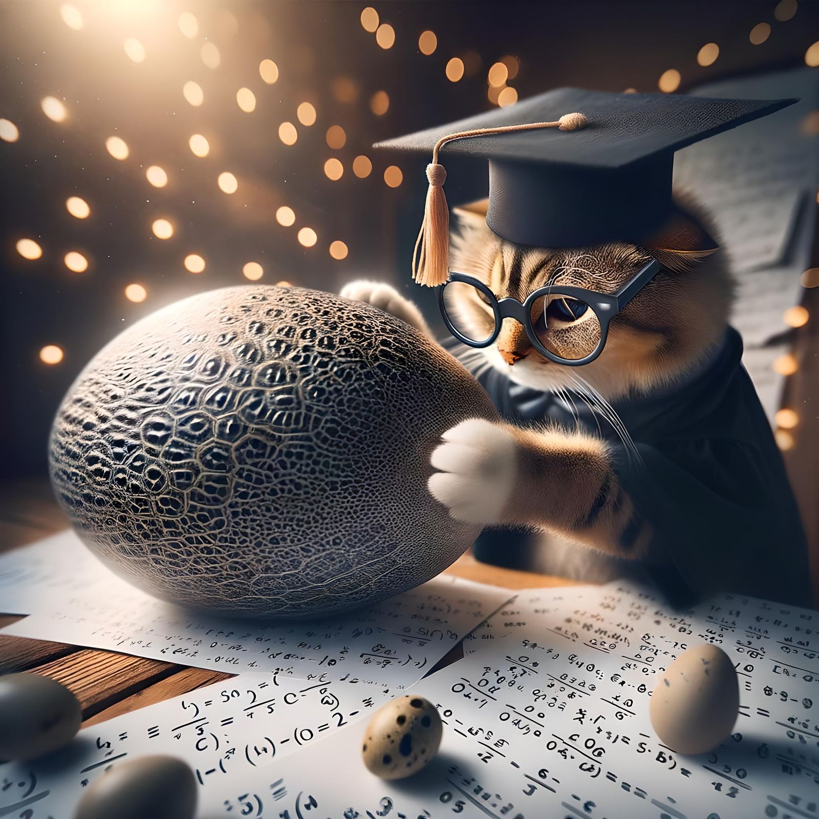 Scholarly Cat Cracking an Egg with Math