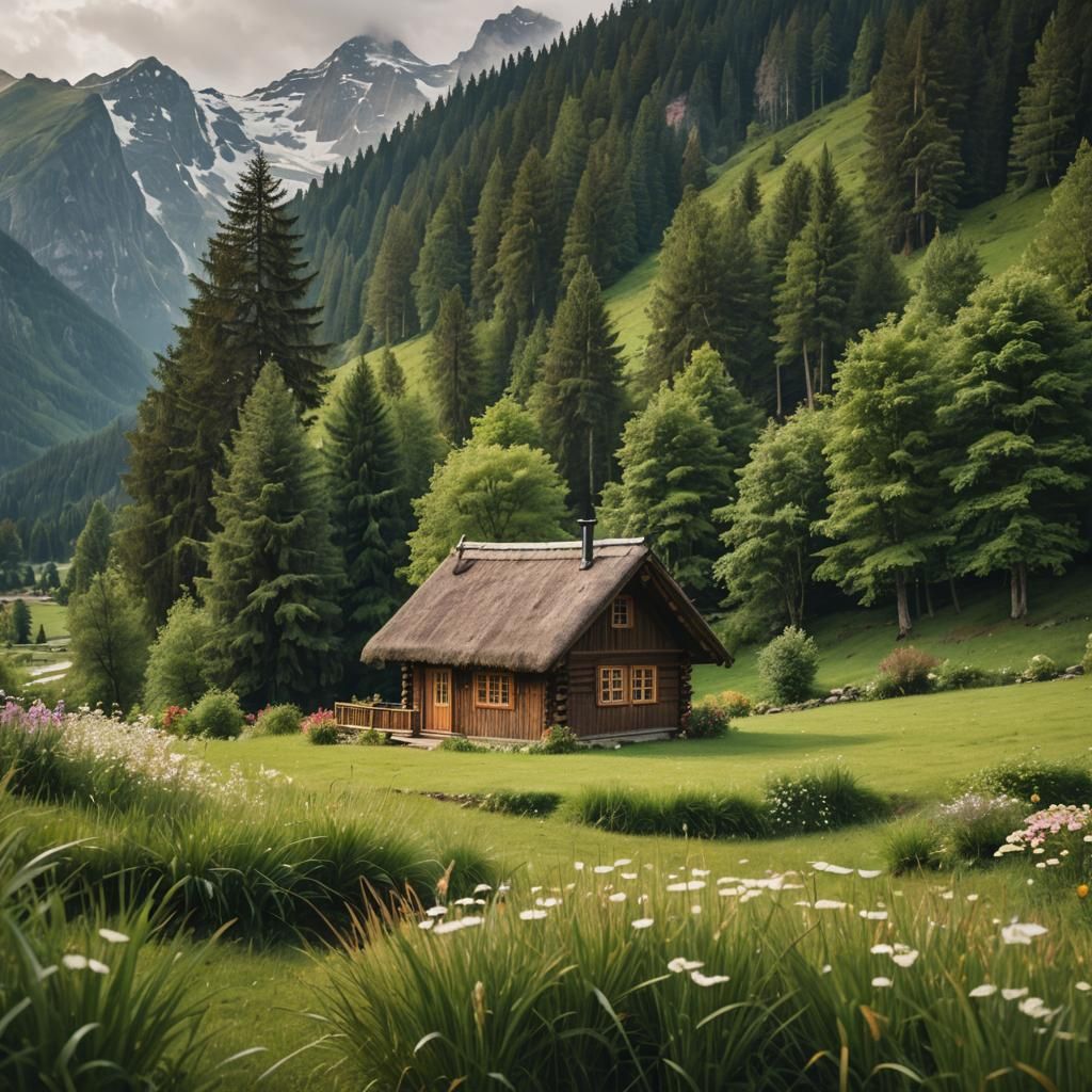 Cozy Cabin in Serene Mountain Valley Landscape