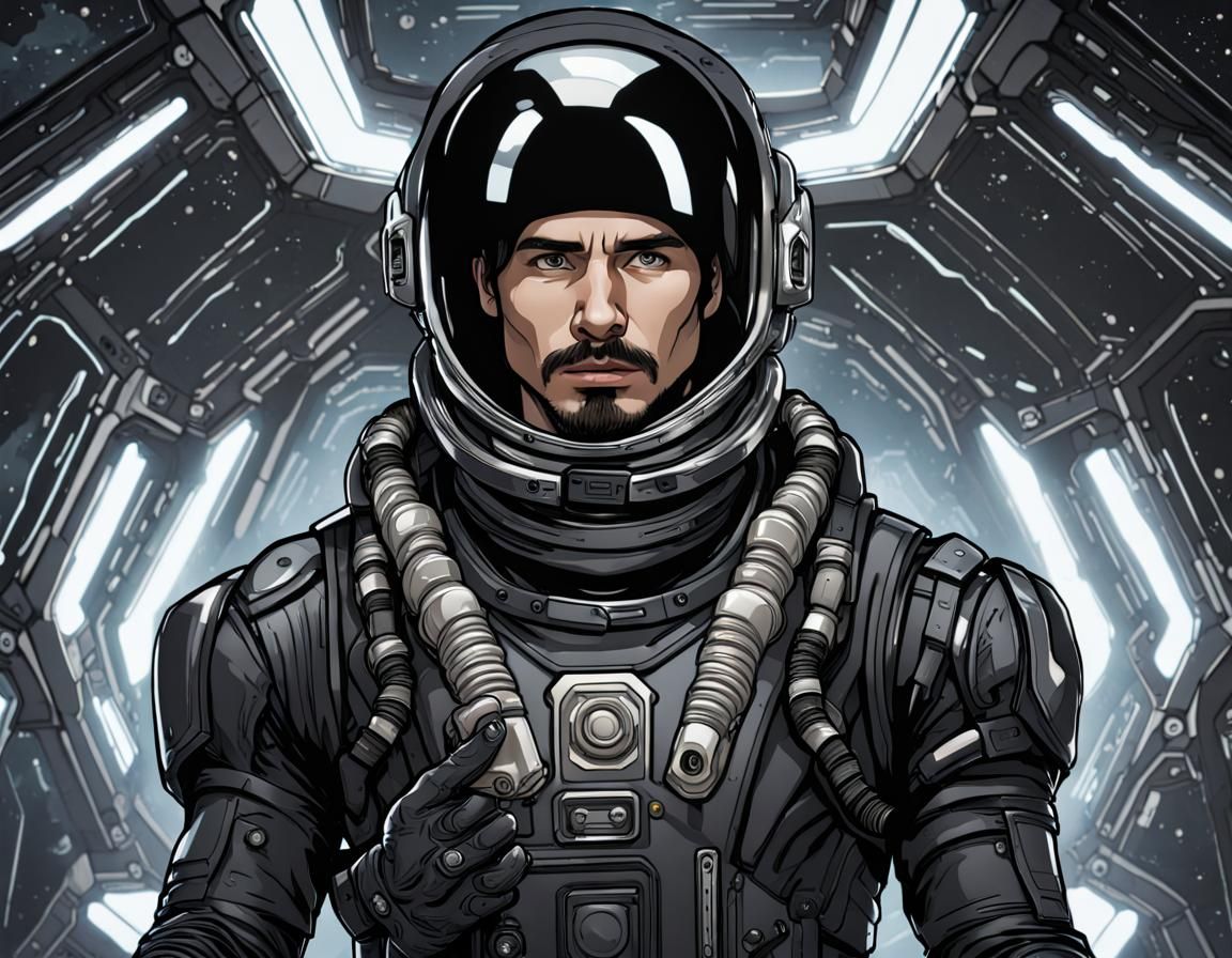 Space Soldier in Black Biomechanical Spacesuit