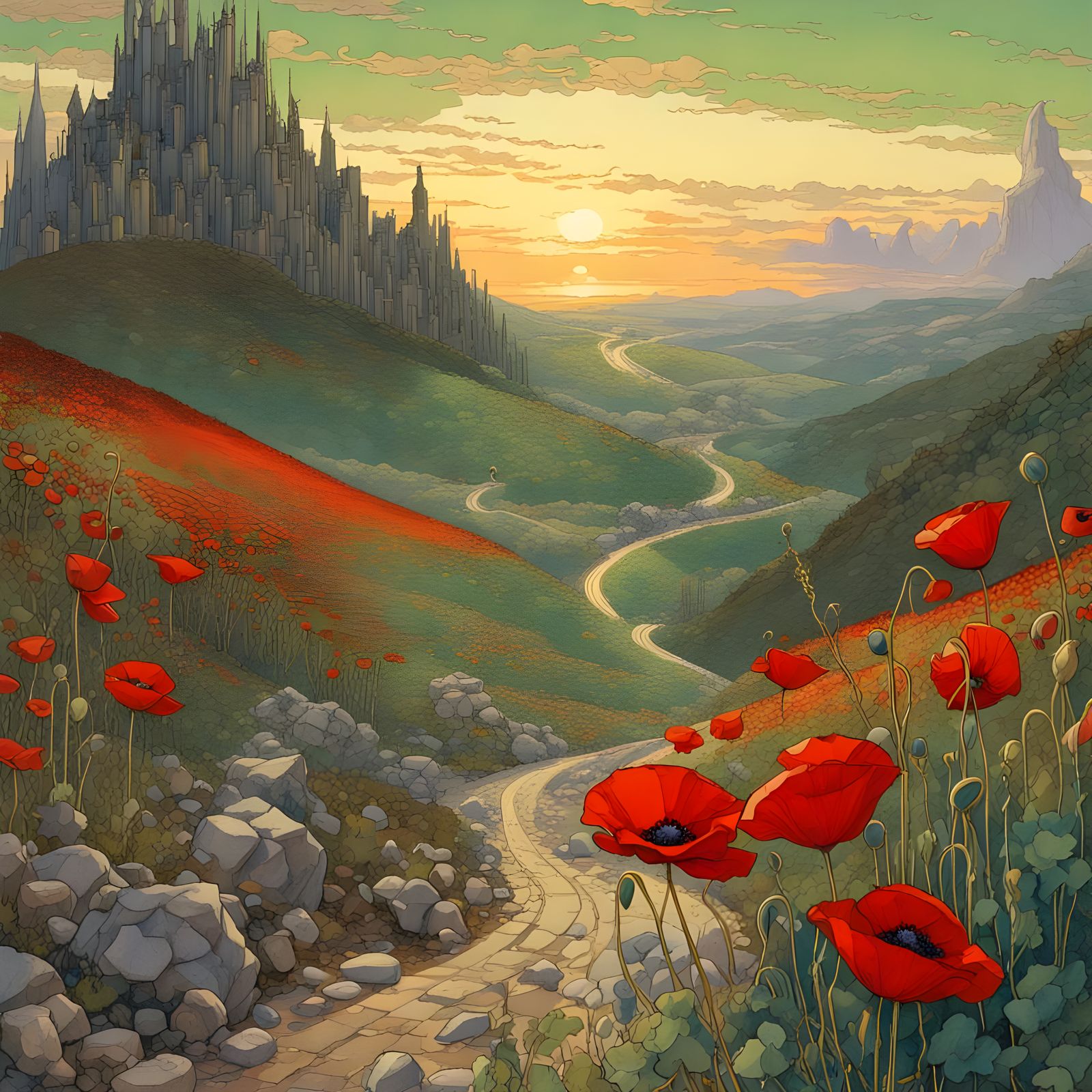 Emerald Jewels and Golden Roads in Whimsical Oz Scene