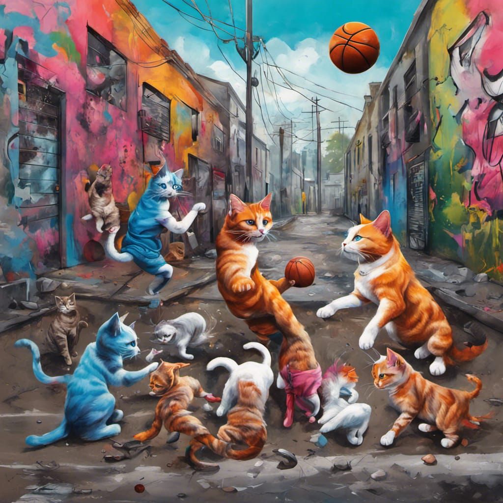 Cats Play Basketball: Graffiti Art with Lonely Dog