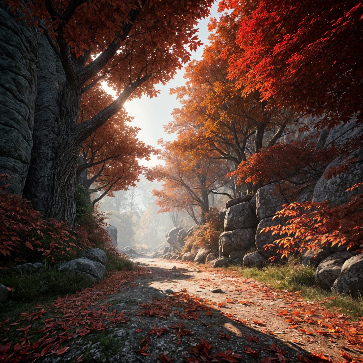 Autumn Forest with Deep Red Leaves in 3D