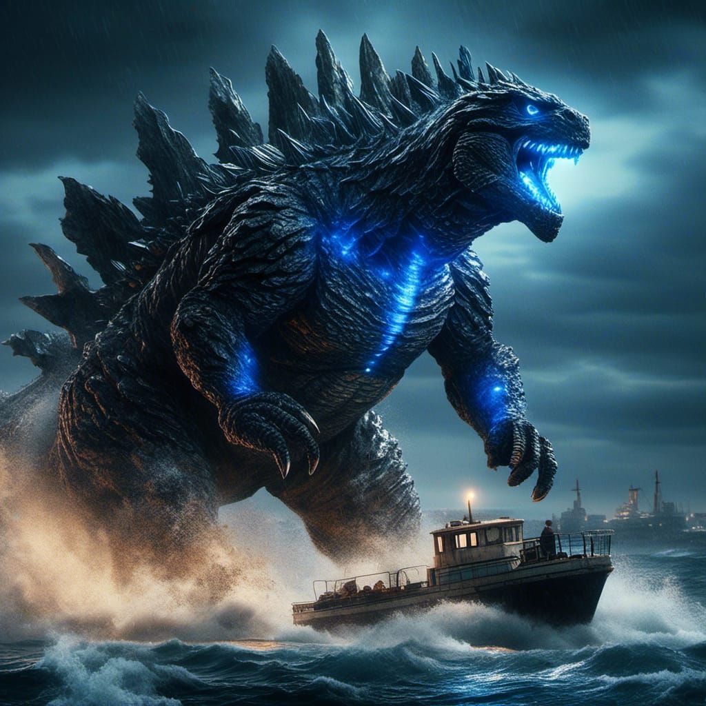 Godzilla Head Emerges from Ocean in Hyperrealism