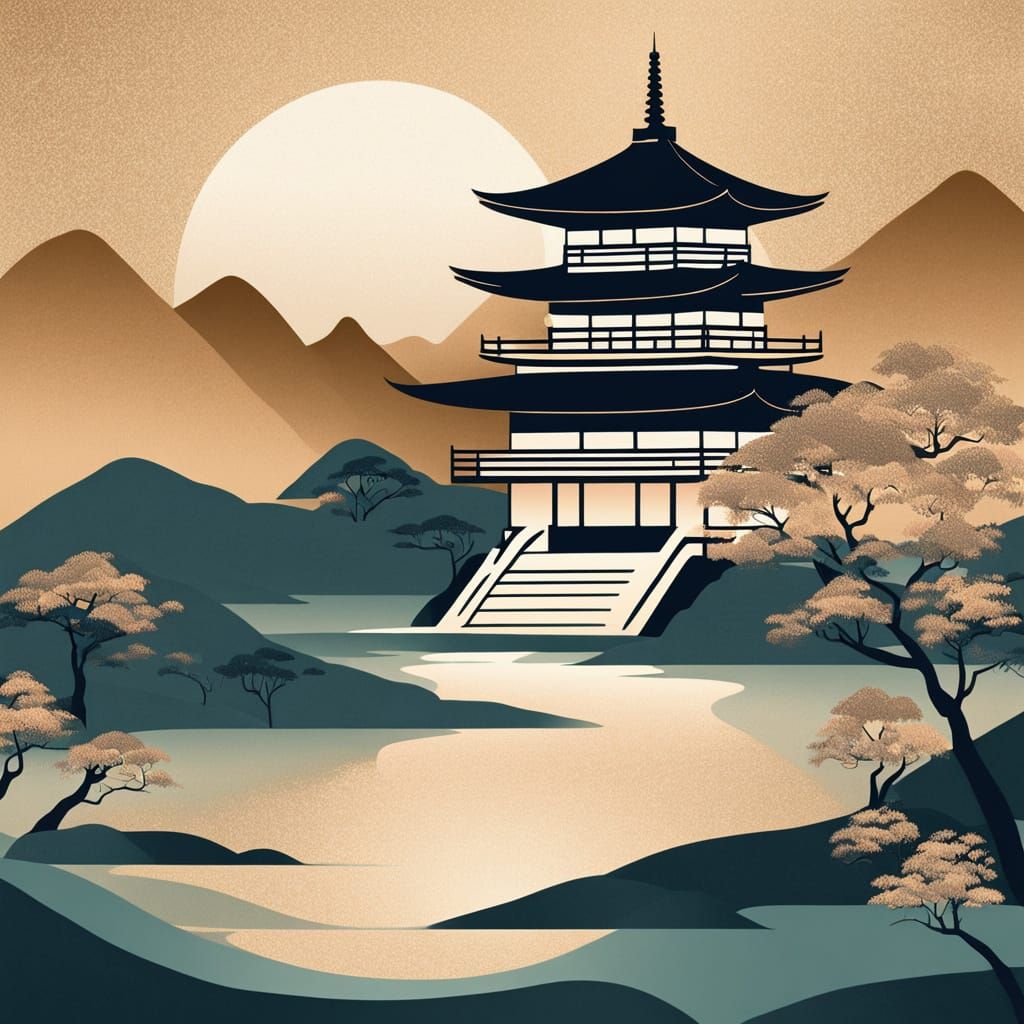 All gold Japanese landscape with temple  3.