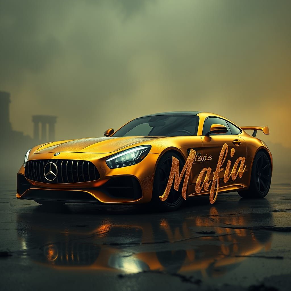 Golden Mercedes AMG in Ominous Sci-Fi Setting