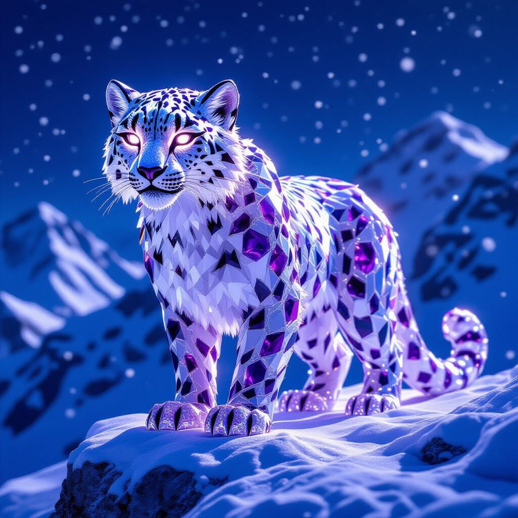 Amethyst Snow Leopard Sculpture in Alpine Moonlight