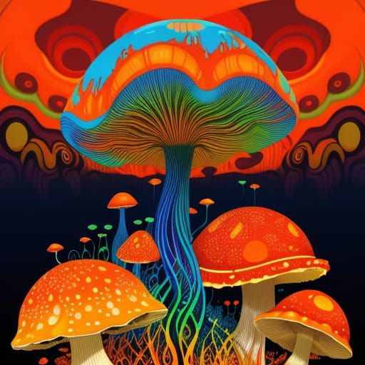 Psychedelic Orange Mushroom in Glitch Art Style