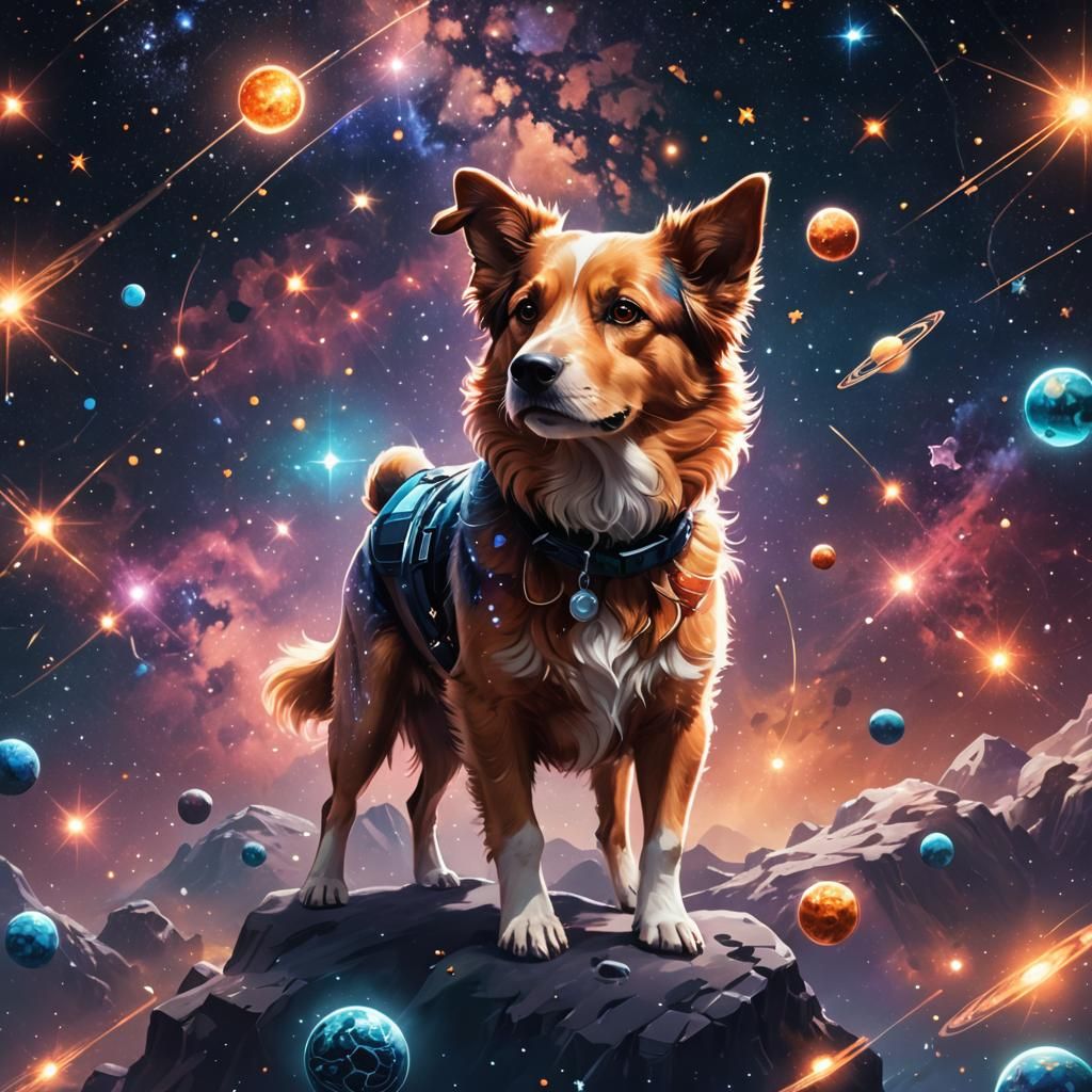 Dog Floating in Space: Vibrant Digital Art