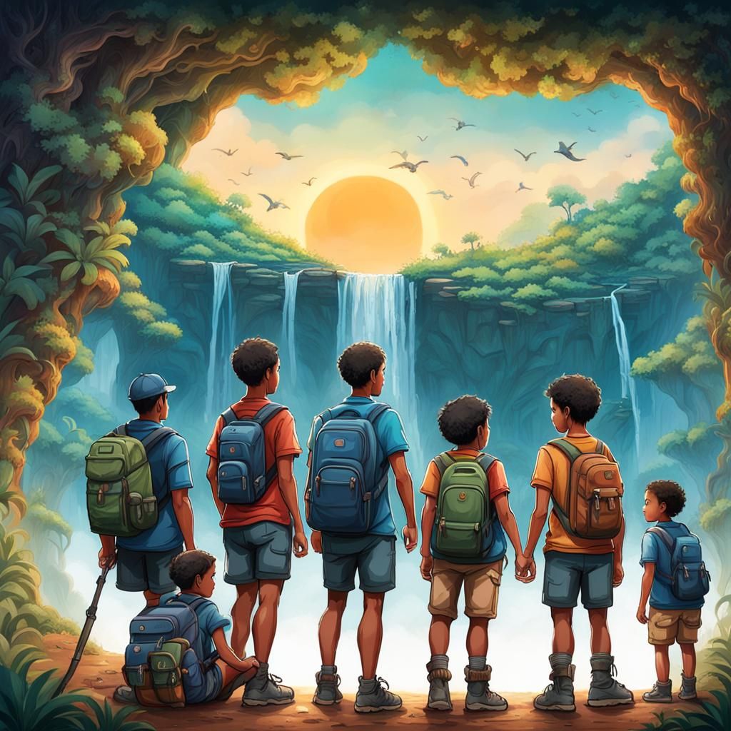 Hiking Group Views Waterfall at Sunrise