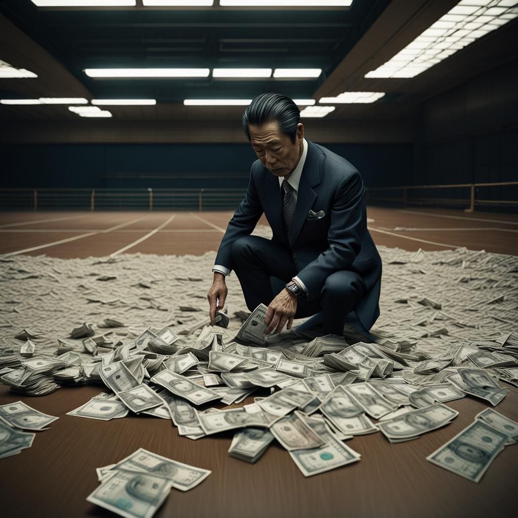 Yakuza Member Inspects Banknotes in Sports Bag