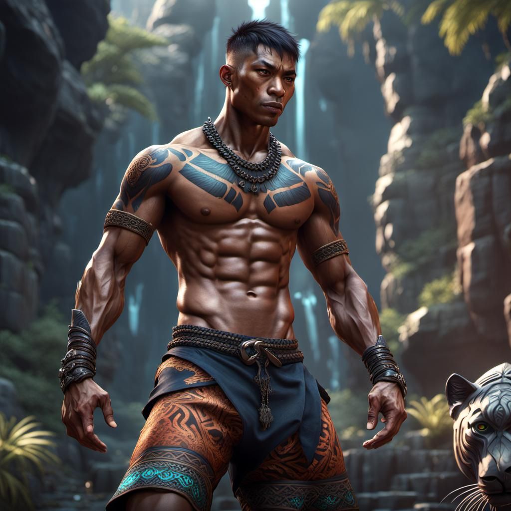 Half-Panther Asian Boy in Tribal Attire