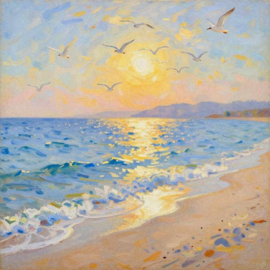 Golden Hour Coastline with Birds in Expressive Oil Style