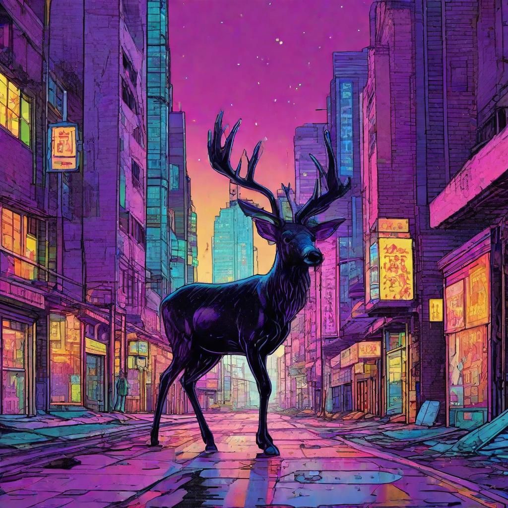 Deer in Neon City, Hyperrealistic Digital Art