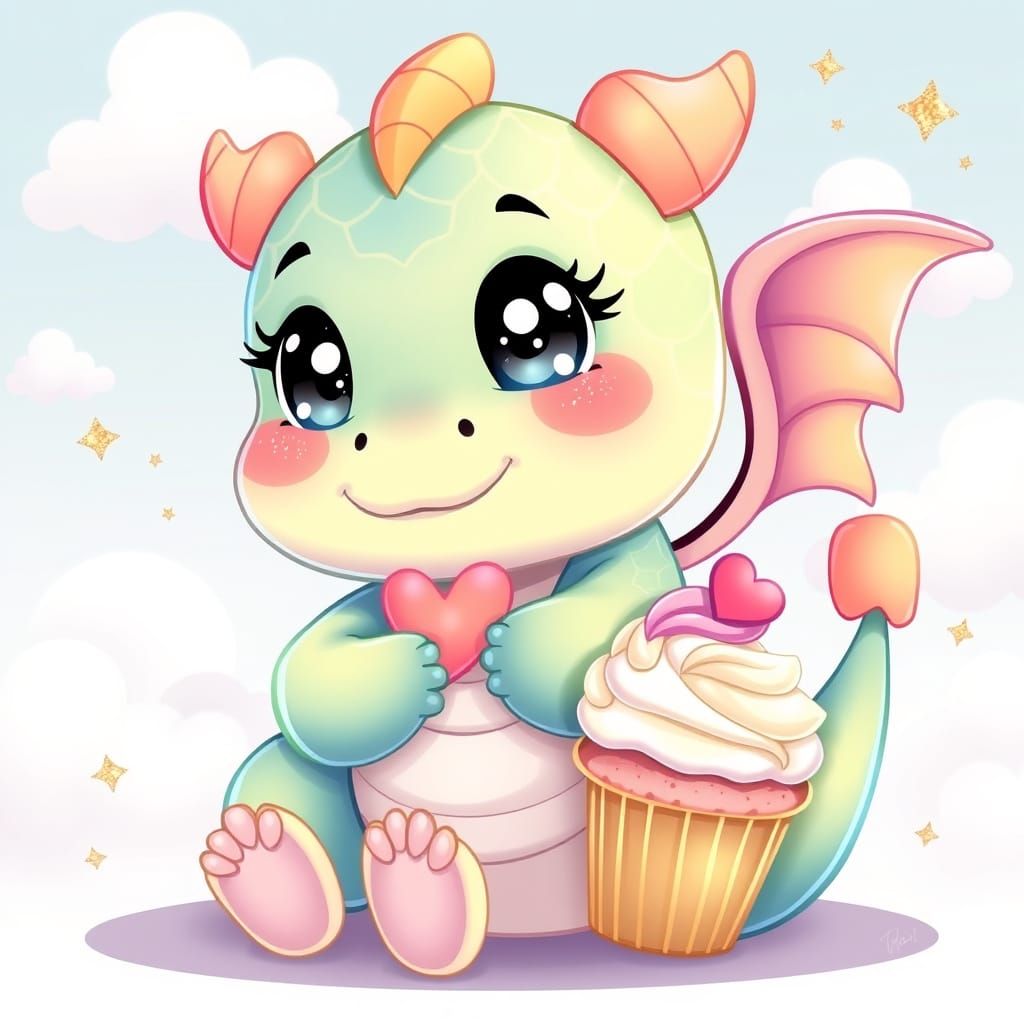 Kawaii Dragon's Rainbow Cupcake Dream