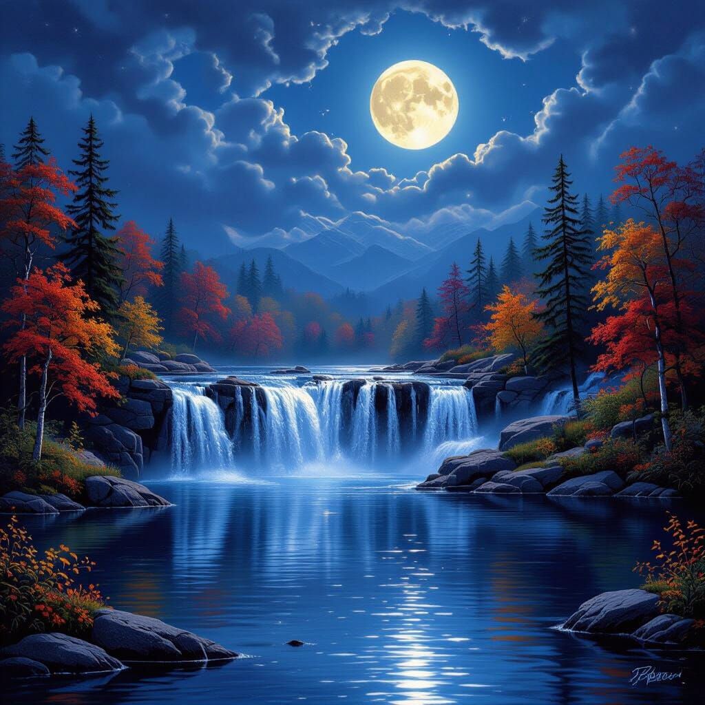 Magical Autumn Lake with Silver Waterfalls at Night