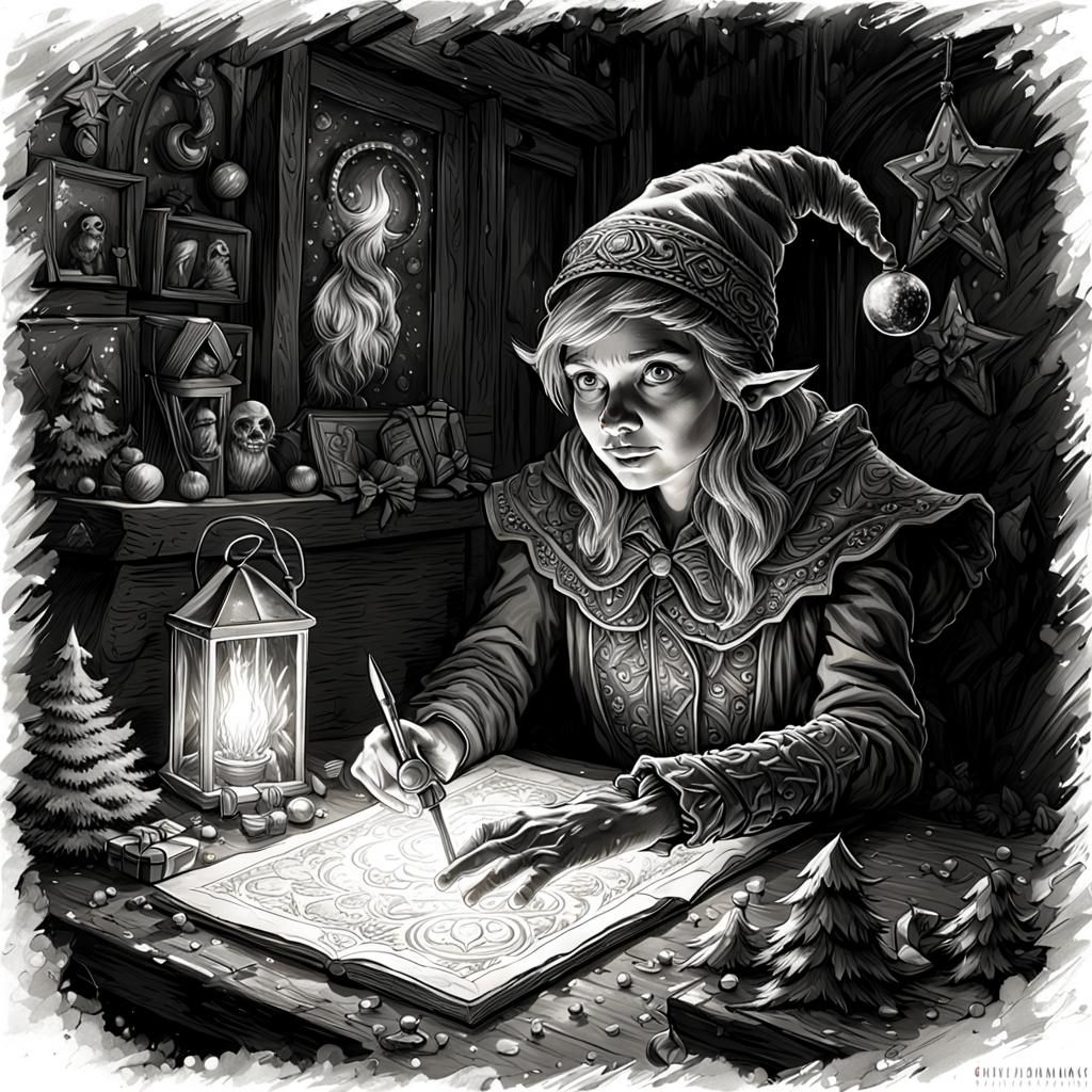 Sinister Christmas Elf Charcoal Drawing in Horror Style