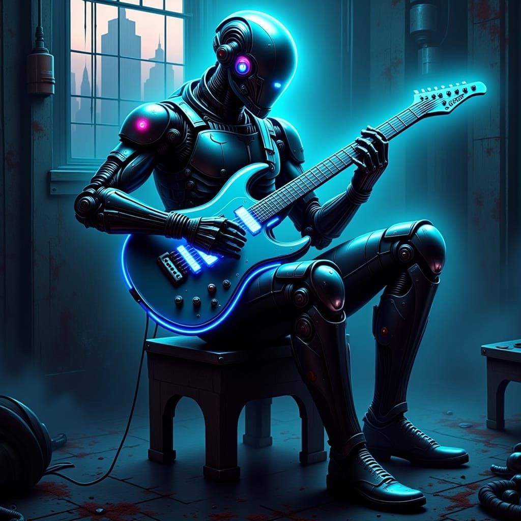 Robot Guitarist in Neon Cityscape: Industrial Futurism
