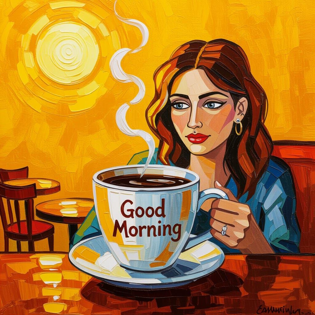 Steaming Coffee Cup with Woman in Warm Oil Painting Style