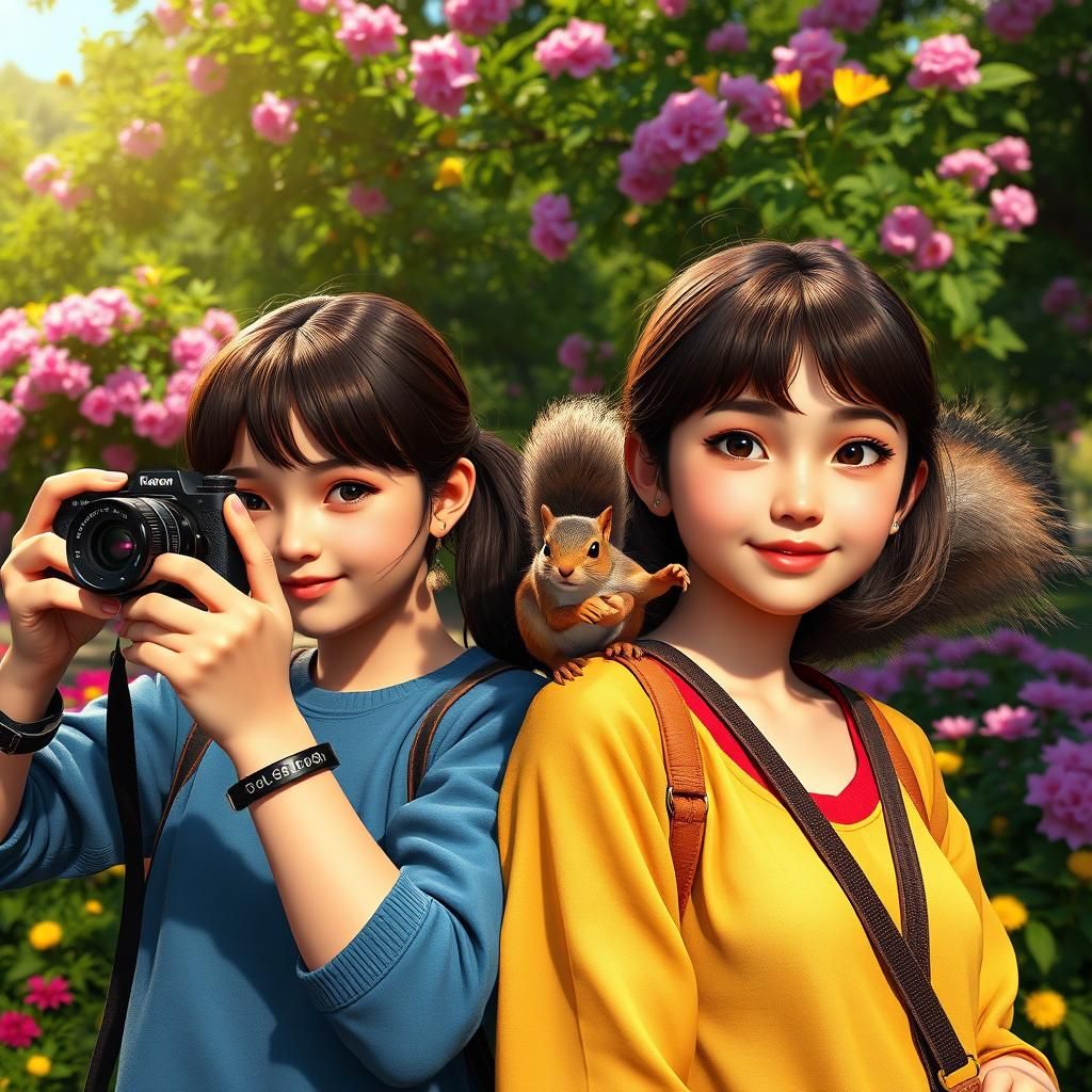 Girls and Squirrel in Park, Detailed Digital Art
