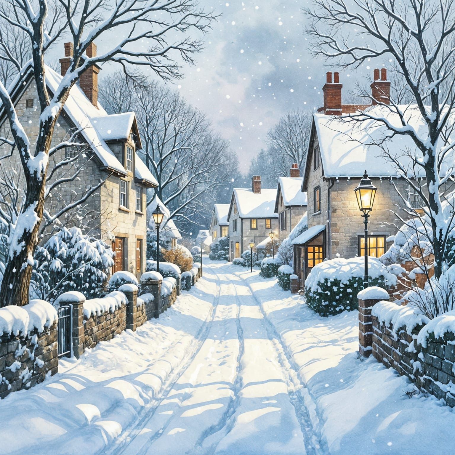 Stunning Snowy Lane Watercolour Illustration