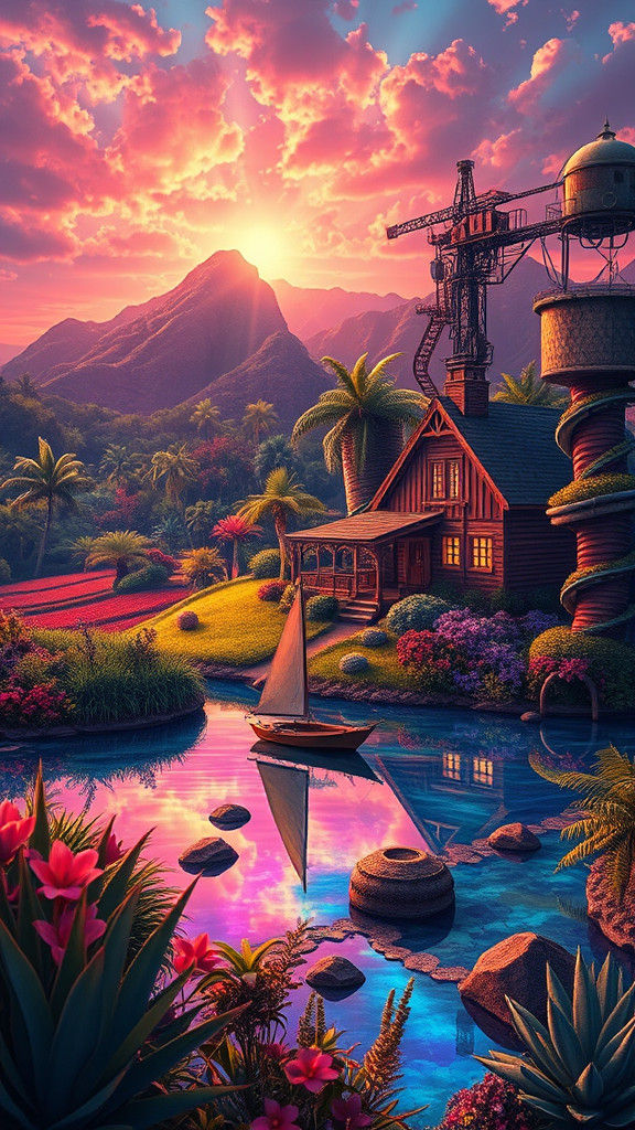 Enchanted Biopunk Steampunk Farmhouse in Alien Spacecore Sky