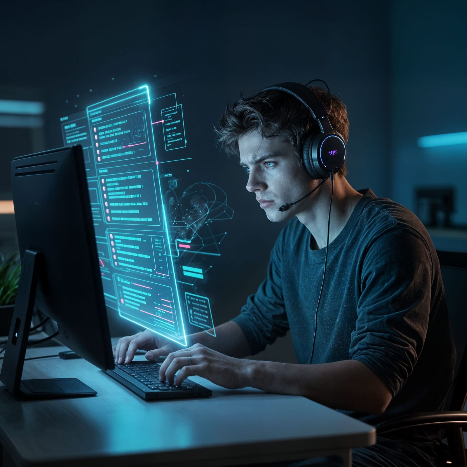 Focused Programmer in Neon Glow