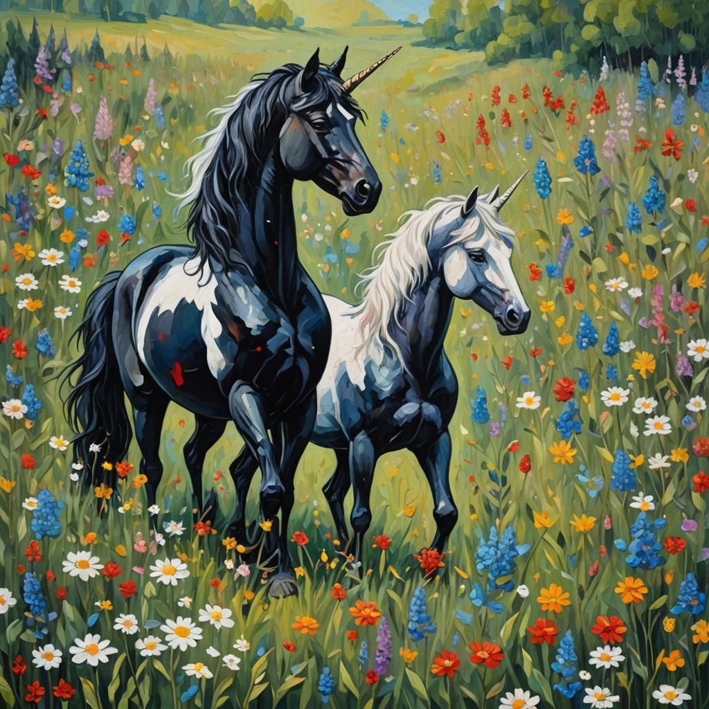 Black and White Unicorns in Expressionist Oil Painting
