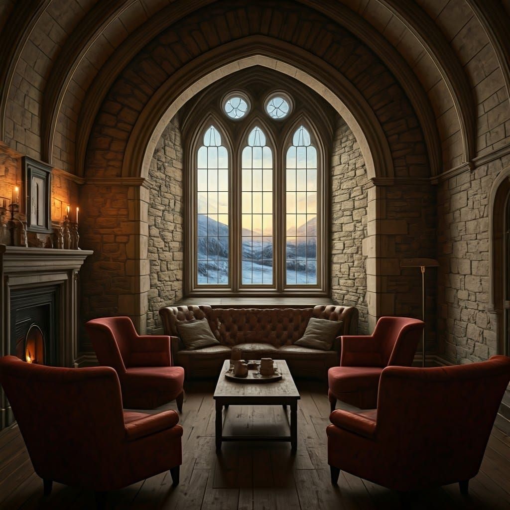 Cozy Lounge in Scottish Abbey at Sunrise