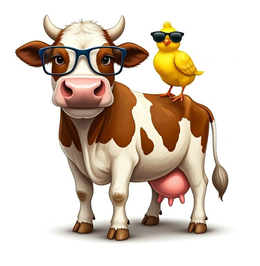 Cow and Chick Cartoon Illustration on White
