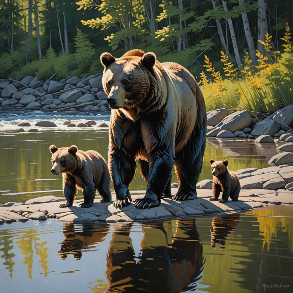 Bear and Cub Fishing: Wildlife Art