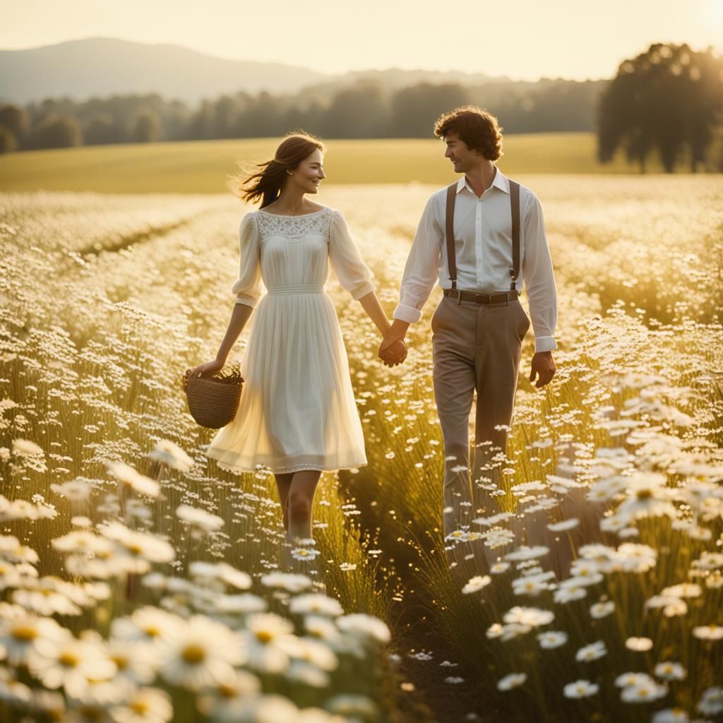 Romantic Couple in Daisy Field at Sunset