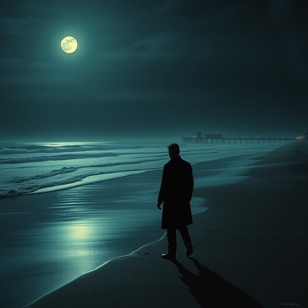 Surreal Midnight Figure on Deserted Beach in Neo-Noir Style