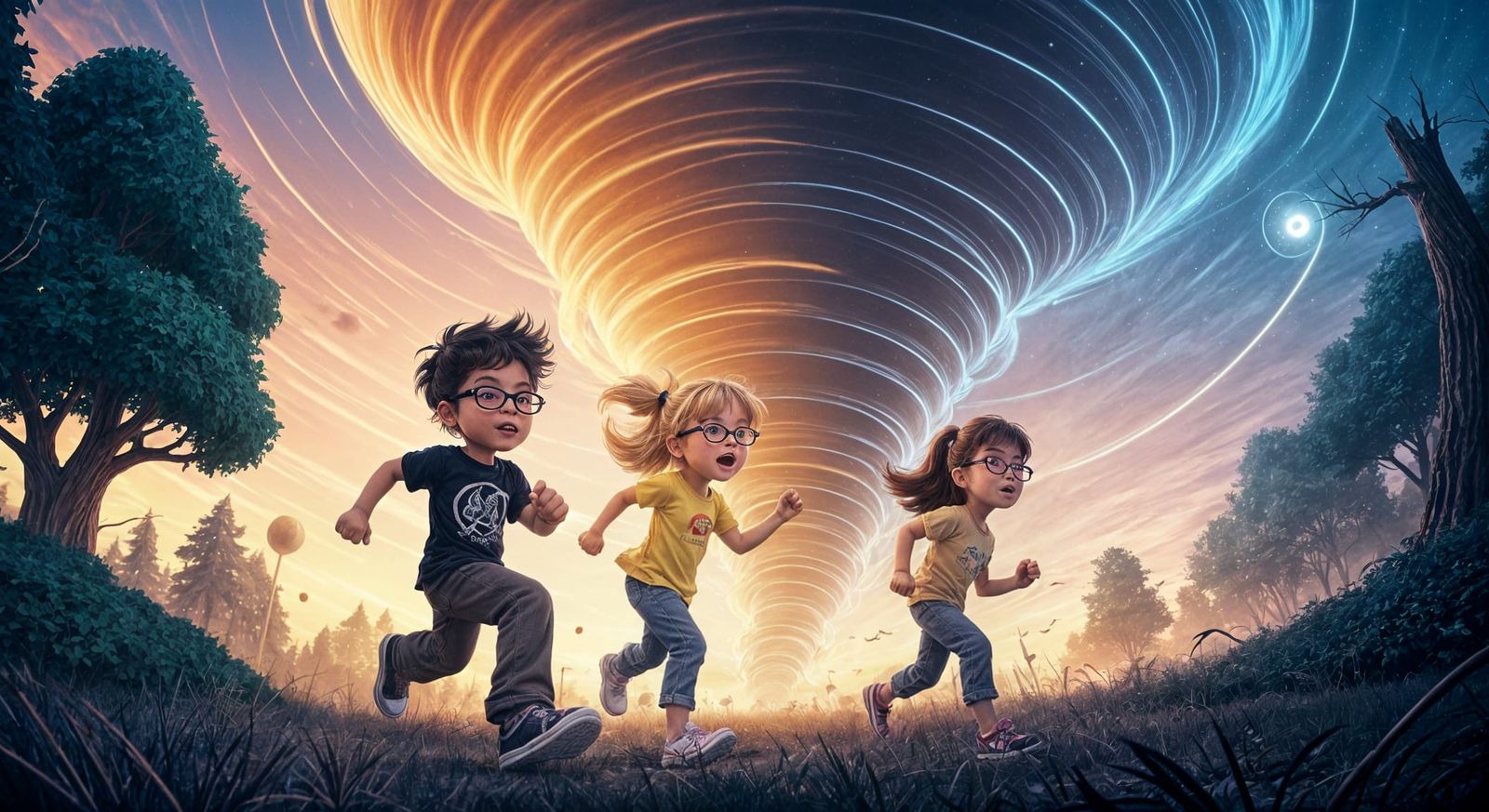 Kids Fleeing a Colorful, Violent Tornado