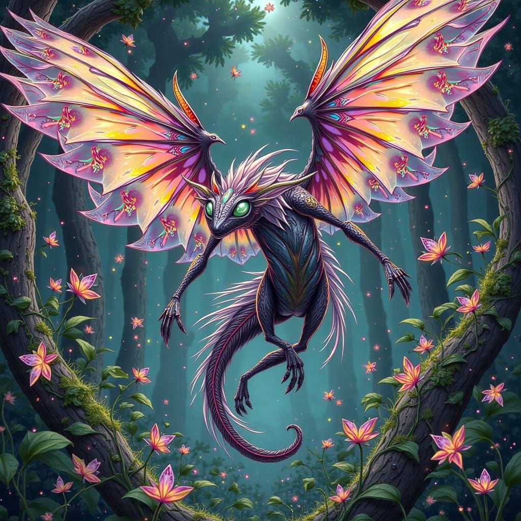 Winged Dragon Soaring Over Lush Forest Canopy