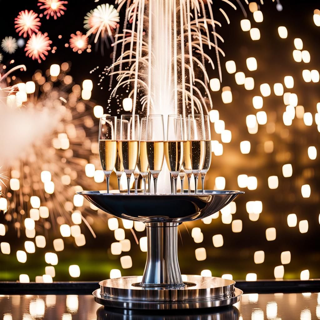 Champagne Fountain and Fireworks at New Year's Party