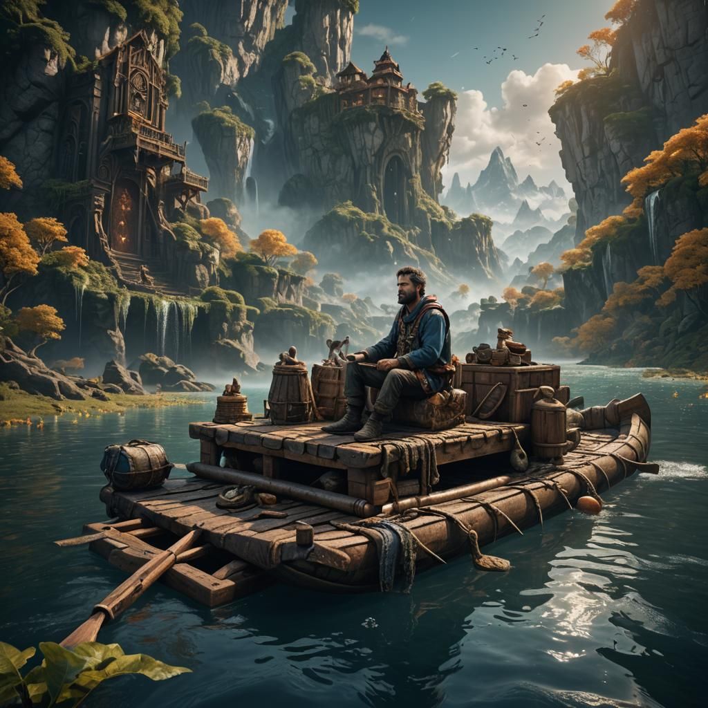 Fantastical Man on Raft in Detailed Matte Painting