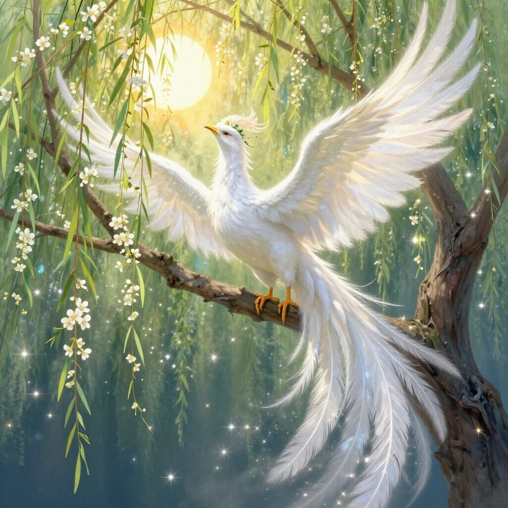 White Phoenix Ascends from Willow Tree in Ethereal Style