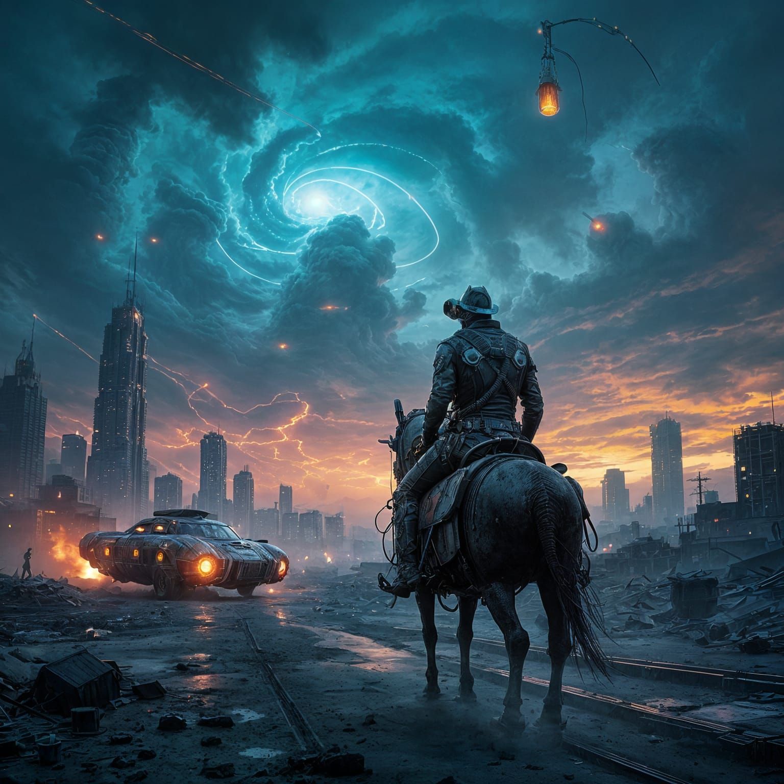 Cyborg Cowboy in Post-Apocalyptic Cityscape