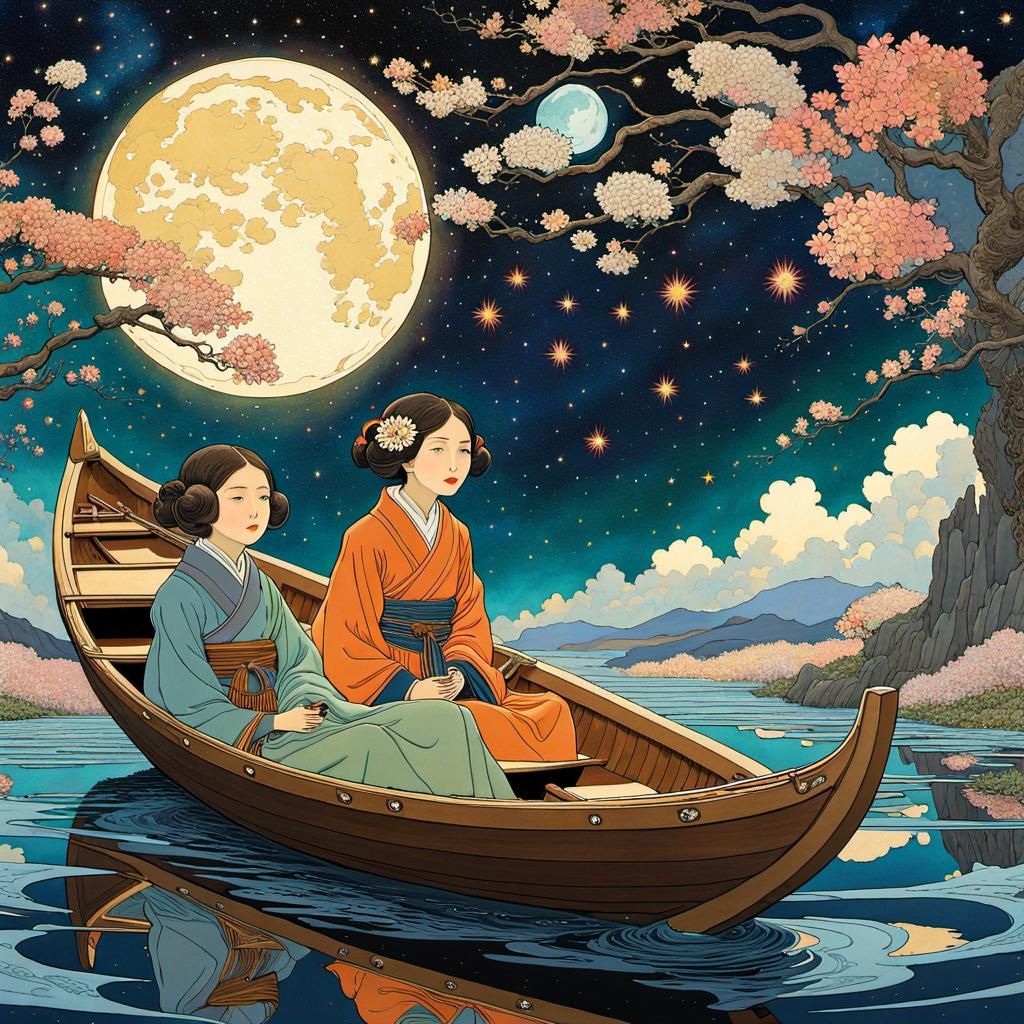 Children's Voyage Above Galaxy in Japanese Woodblock Style