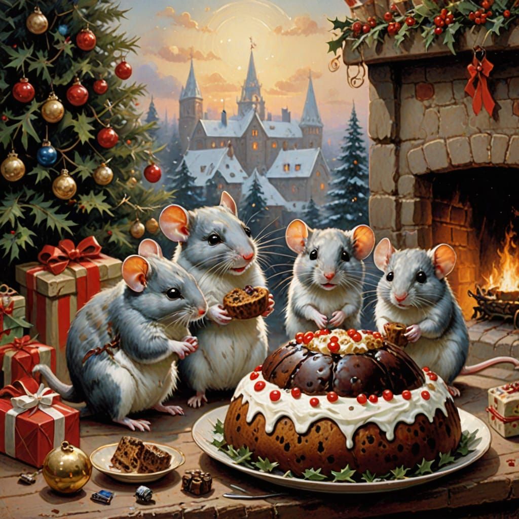 Whimsical Christmas Scene in Traditional Oil Painting Style