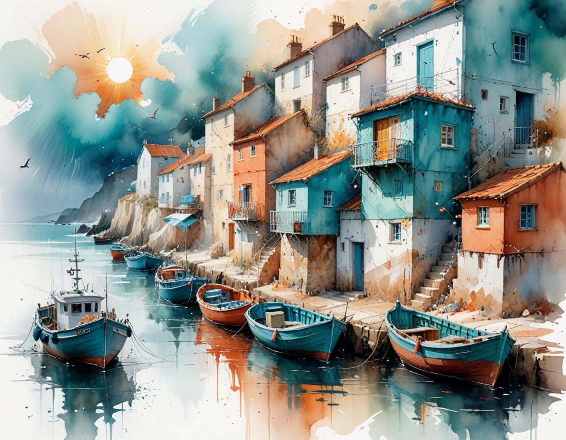 Coastal Fishing Village in Watercolour Style
