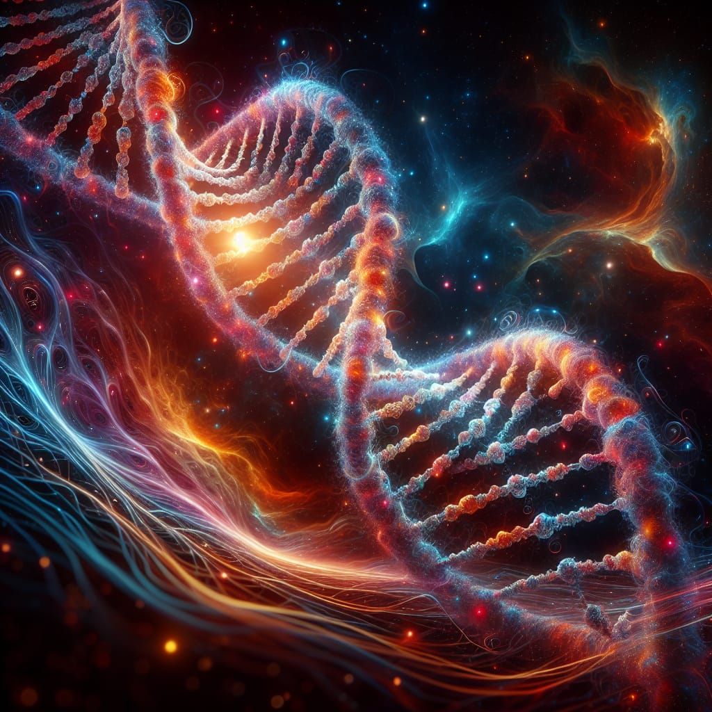Double-stranded DNA helix, intricate molecular structure, against a dark cosmic