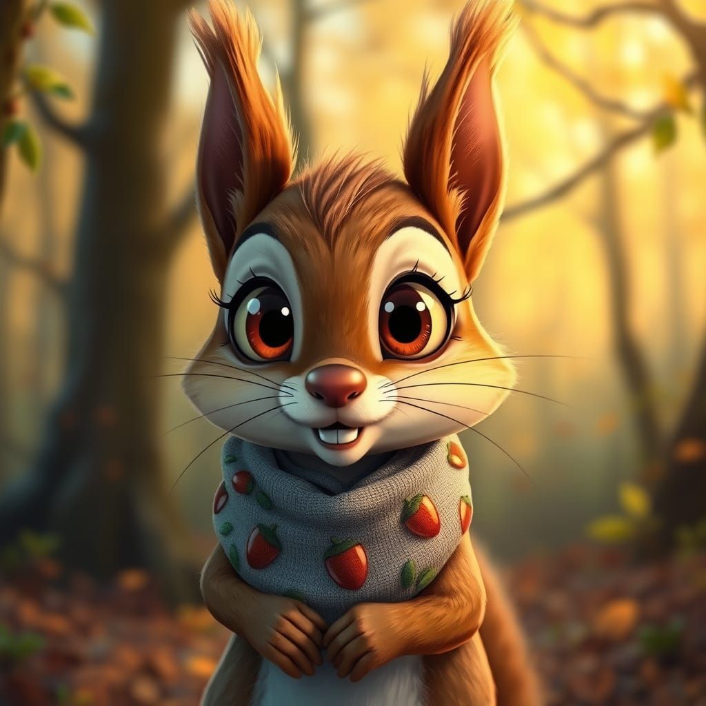 Hyperrealistic Squirrel with Cartoon Eyes in Forest