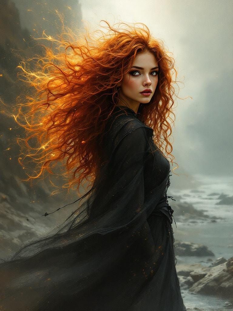 Ethereal Expressionist Woman on Rocky Shoreline