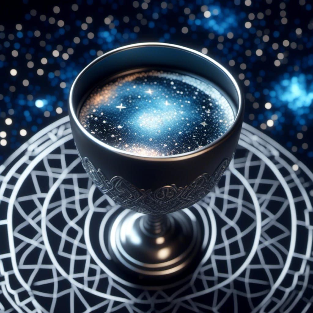 Overhead view of a silver chalice filled with a liquid galax...