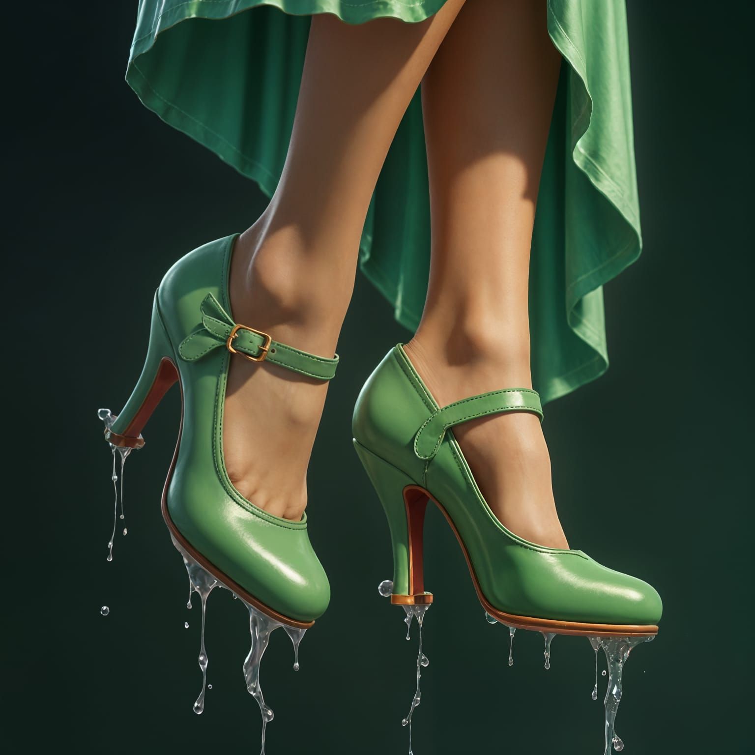Surreal Woman Suspended by Glowing Green Glue in High Heel S...