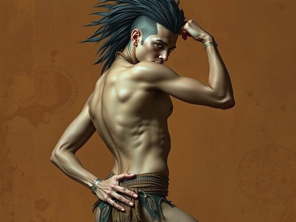 Aztec Dancer: Androgynous Figure in Surreal Style
