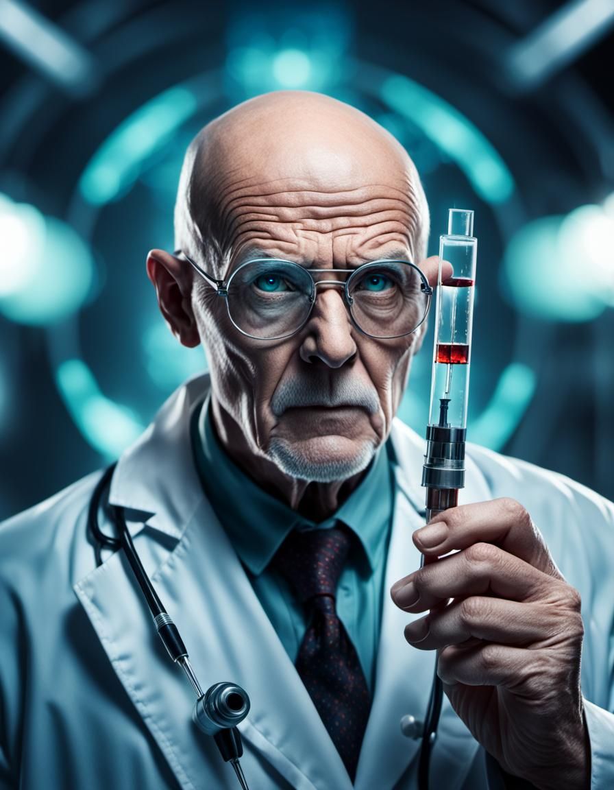Sci-Fi Doctor with Cybernetic Glasses and Syringe