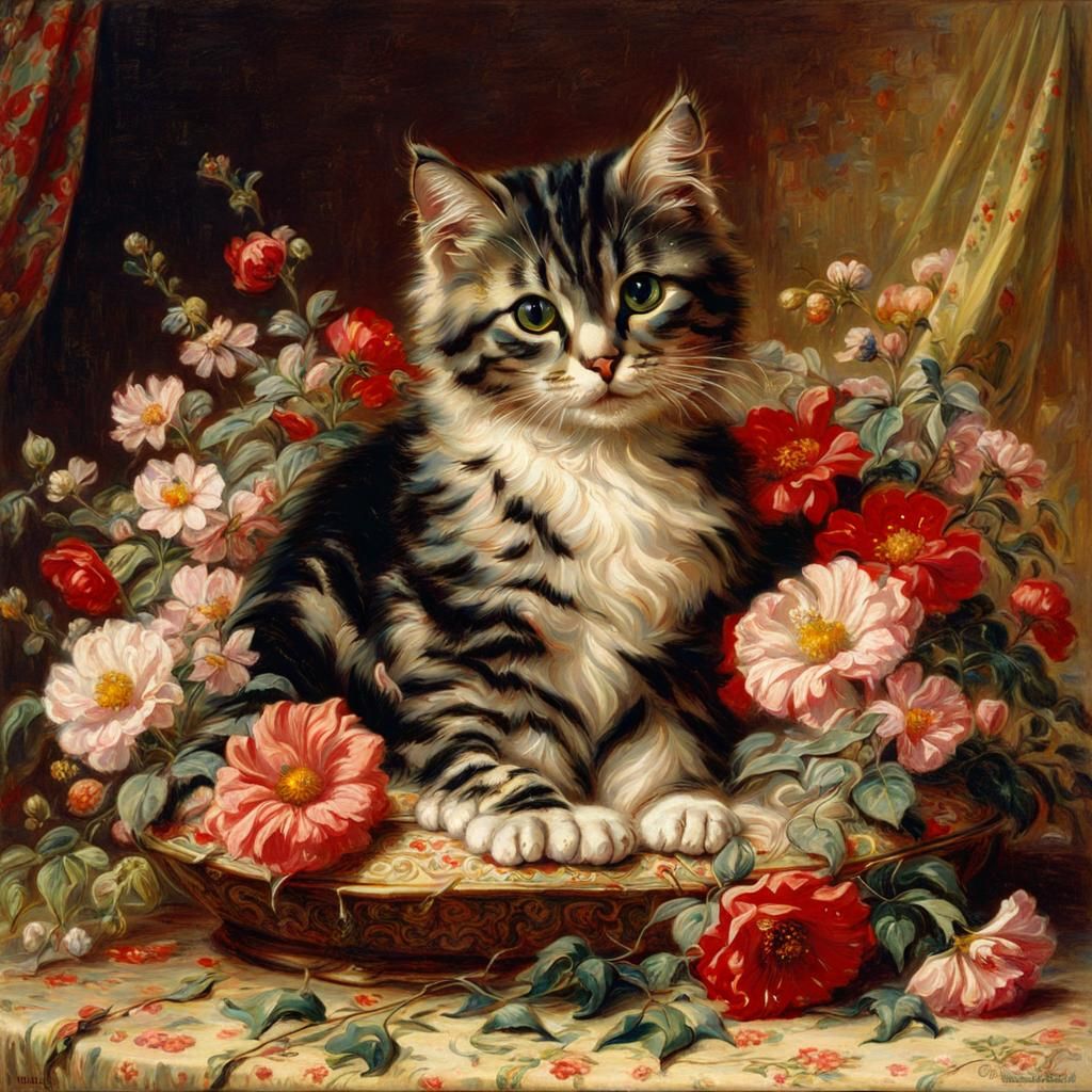 Cat Surrounded by Flowers and Heart Lights